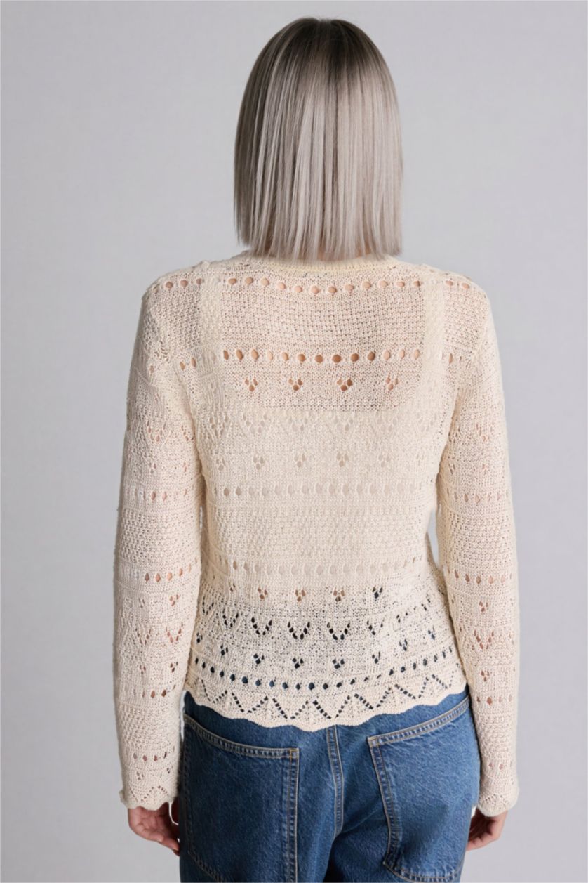 Kadın Ekru Regular Fıt Yuvarlak Yaka Triko Hırka