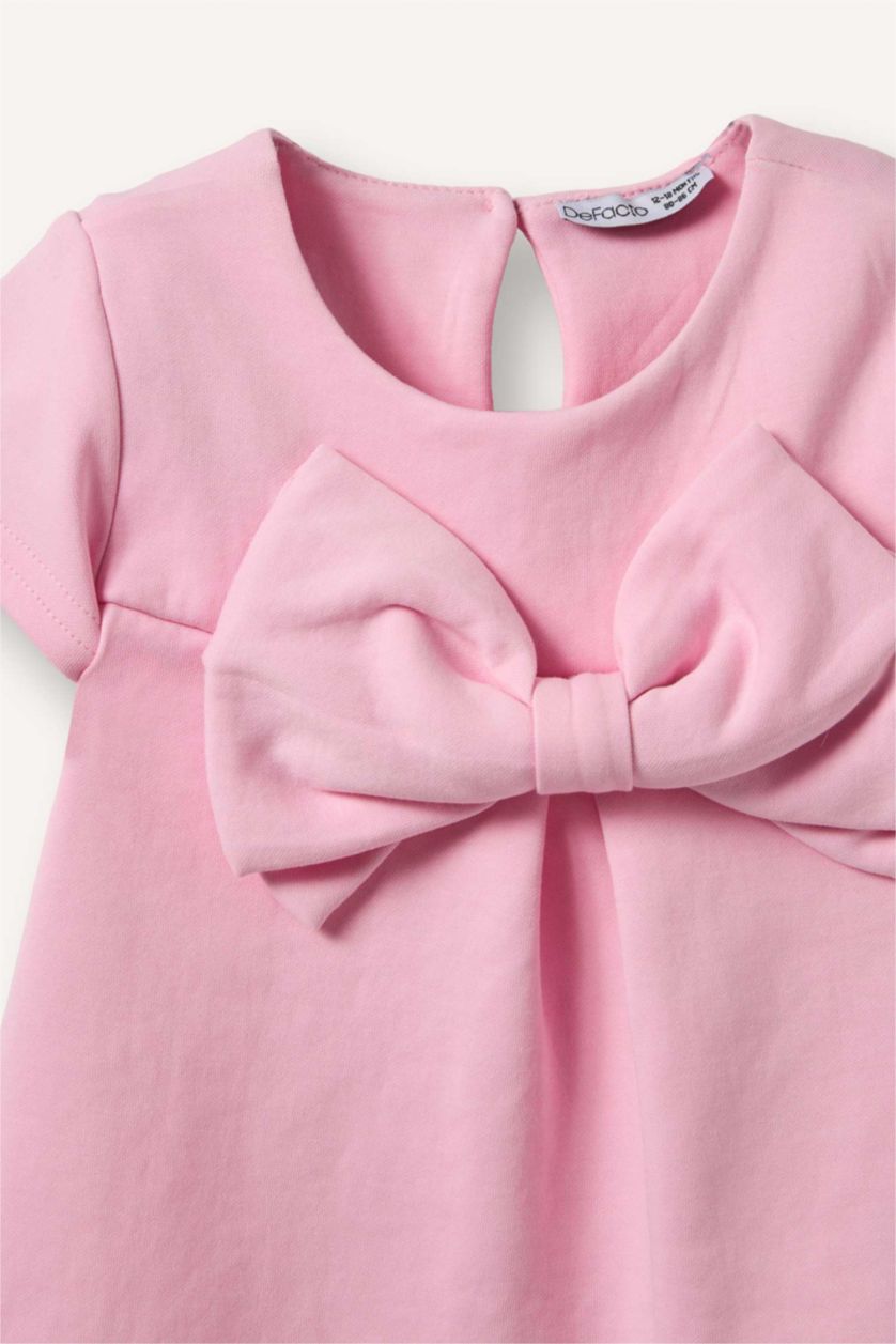 طفلة صغيرة زهري فستان بيبي بناتي نص كم بياقة مستديرة