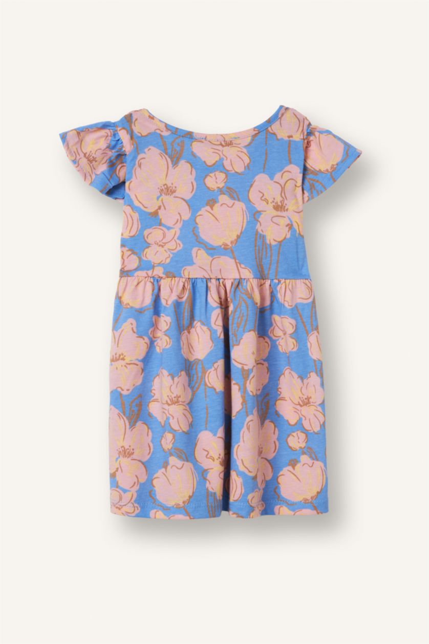 Baby Girls Blue Printed Strappy Knitted Dress