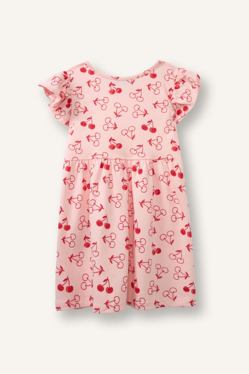 Kız Bebek Açık Pembe Desenli Fırfırlı Kısa Kollu Elbise Kız Bebek