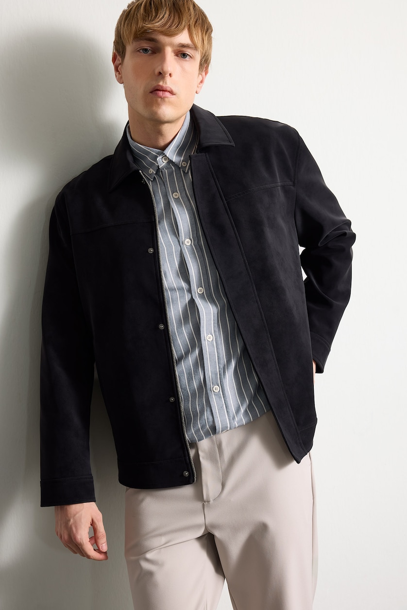 MAN NAVY Suede Look Regular Fit Shirt Collar Jacket