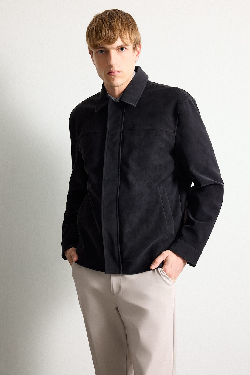 MAN NAVY Suede Look Regular Fit Shirt Collar Jacket