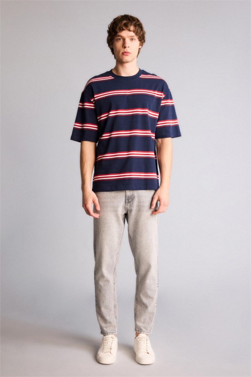 Erkek Lacivert Boxy Fıt Çizgili Tişört