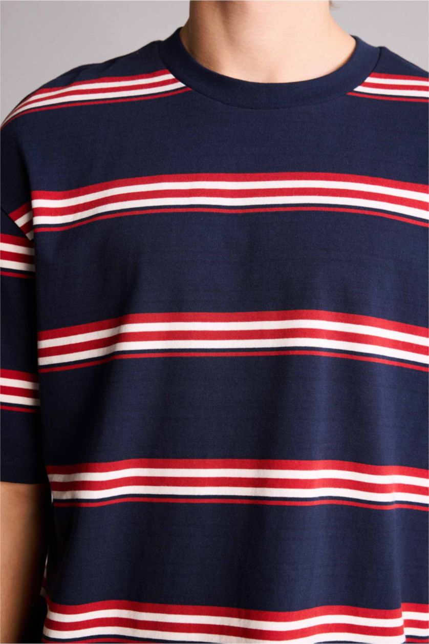 Erkek Lacivert Boxy Fıt Çizgili Tişört