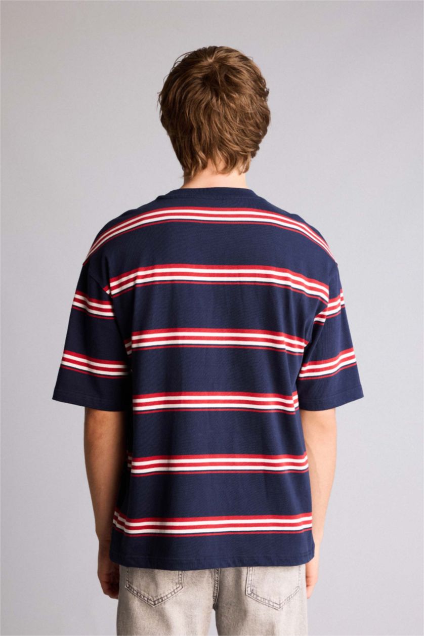 Erkek Lacivert Boxy Fıt Çizgili Tişört