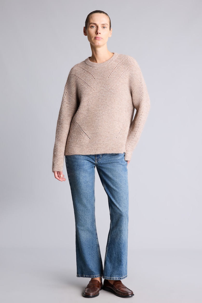 نساء ميلانج بيج Relaxed Fit Wool Blend Crew Neck Knitted Pullover