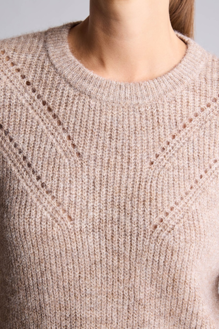 نساء ميلانج بيج Relaxed Fit Wool Blend Crew Neck Knitted Pullover