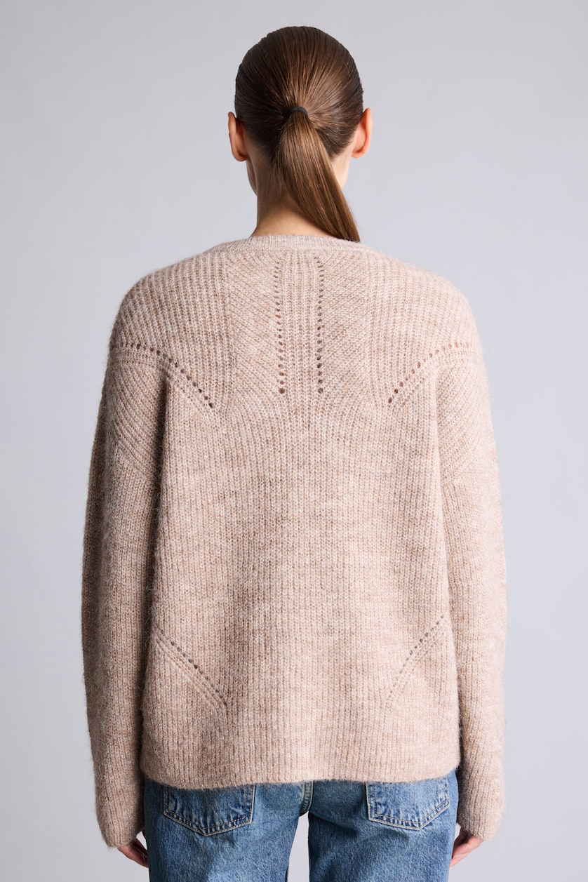 نساء ميلانج بيج Relaxed Fit Wool Blend Crew Neck Knitted Pullover
