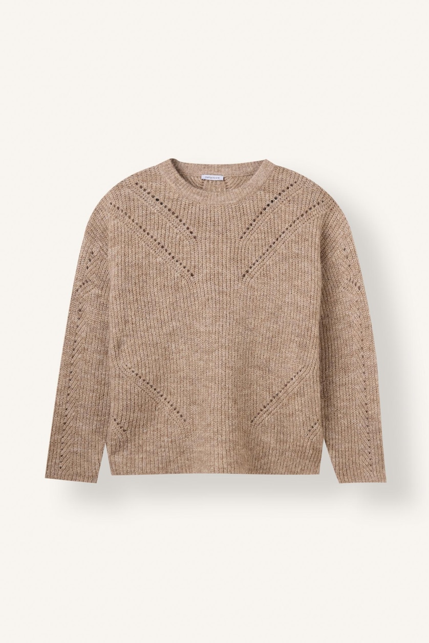 نساء ميلانج بيج Relaxed Fit Wool Blend Crew Neck Knitted Pullover
