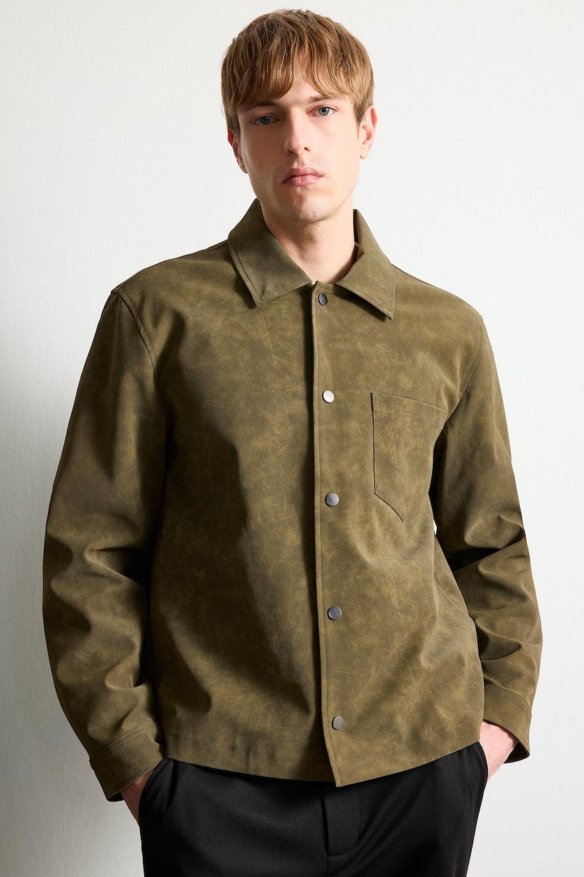 Men Khaki Faux Leather Snap Faux Leather Jacket