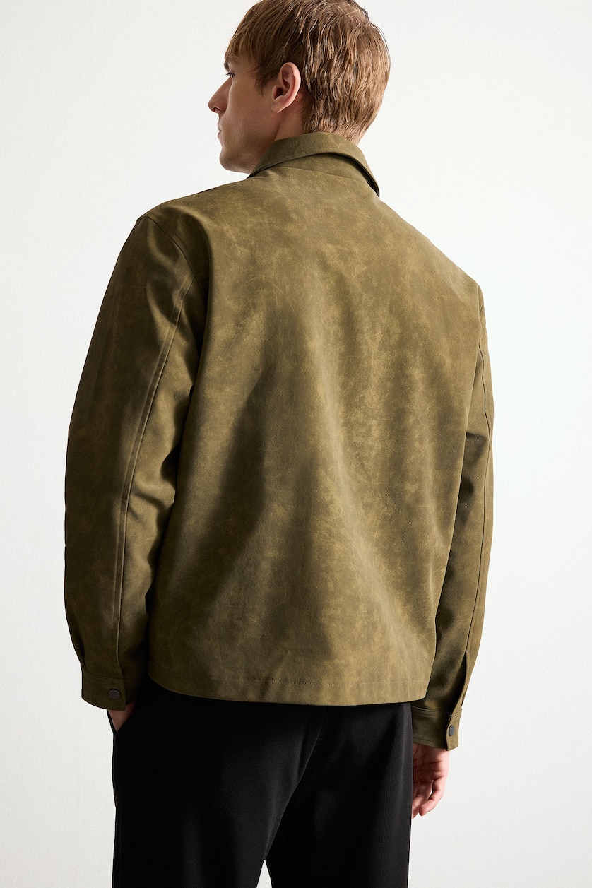 Men Khaki Faux Leather Snap Faux Leather Jacket