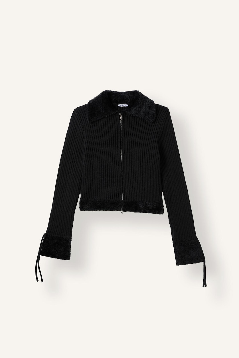 Kadın Siyah Regular Fit Kürk Detaylı Fermuarlı Basic Hırka