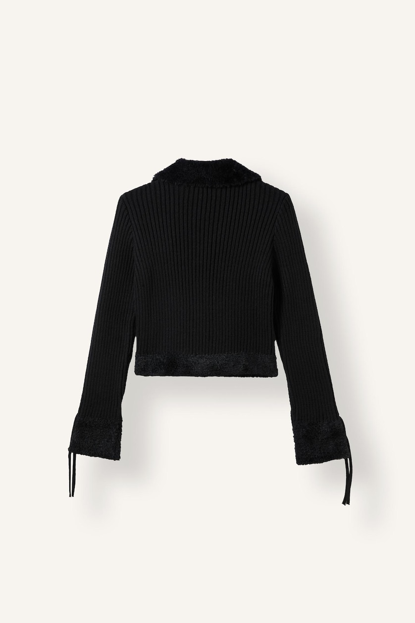 Kadın Siyah Regular Fit Kürk Detaylı Fermuarlı Basic Hırka