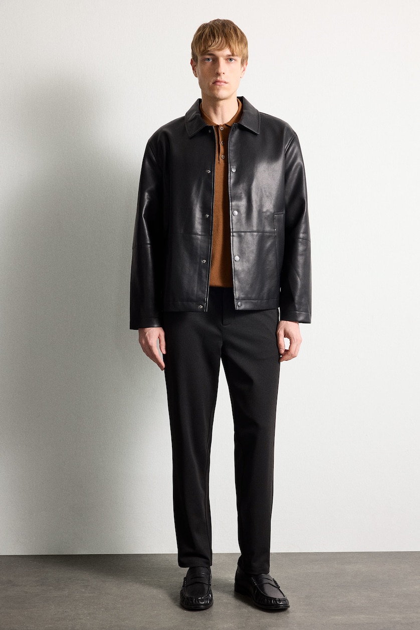 Men Black Snap Polo Collar Faux Leather Jacket