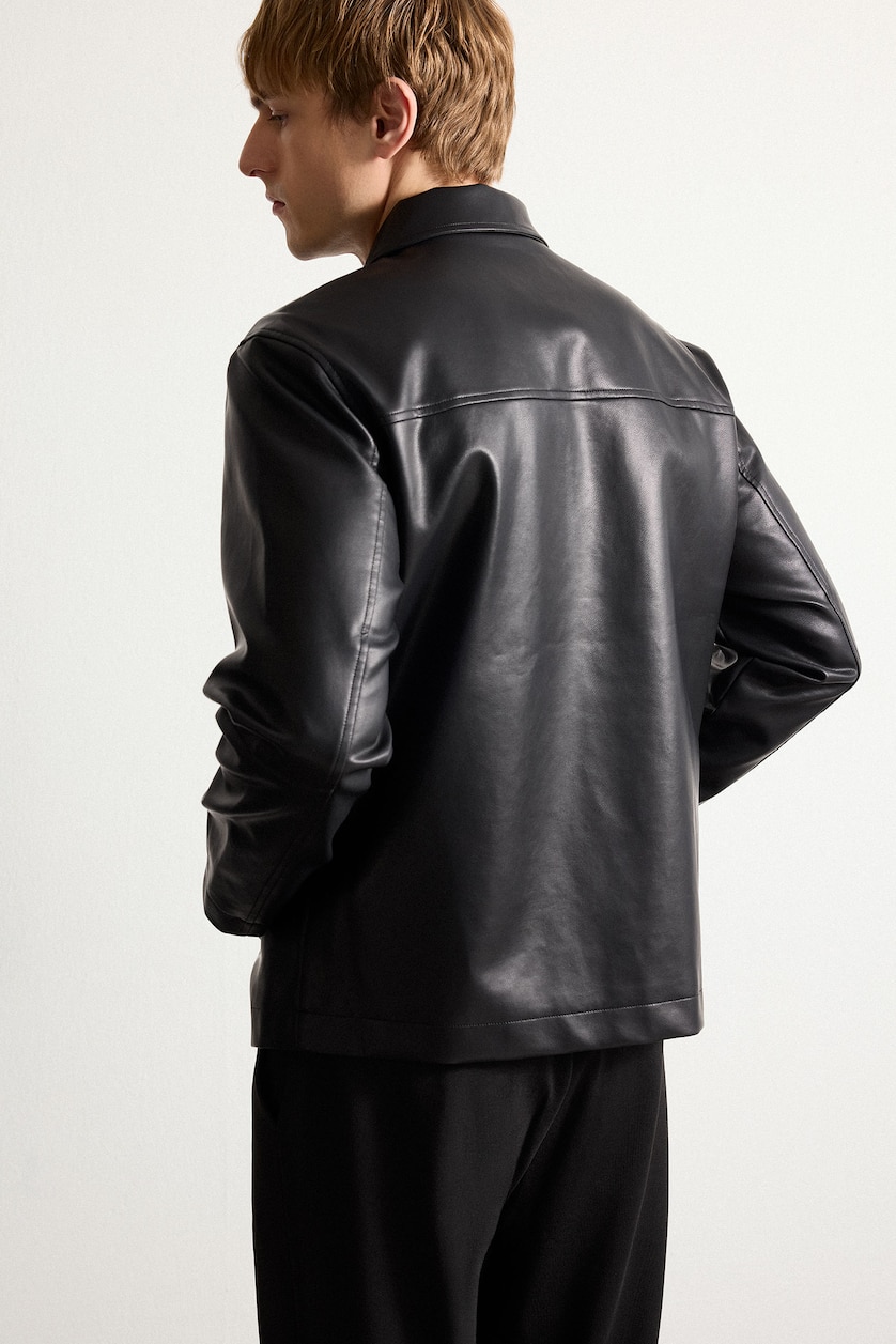 Men Black Snap Polo Collar Faux Leather Jacket