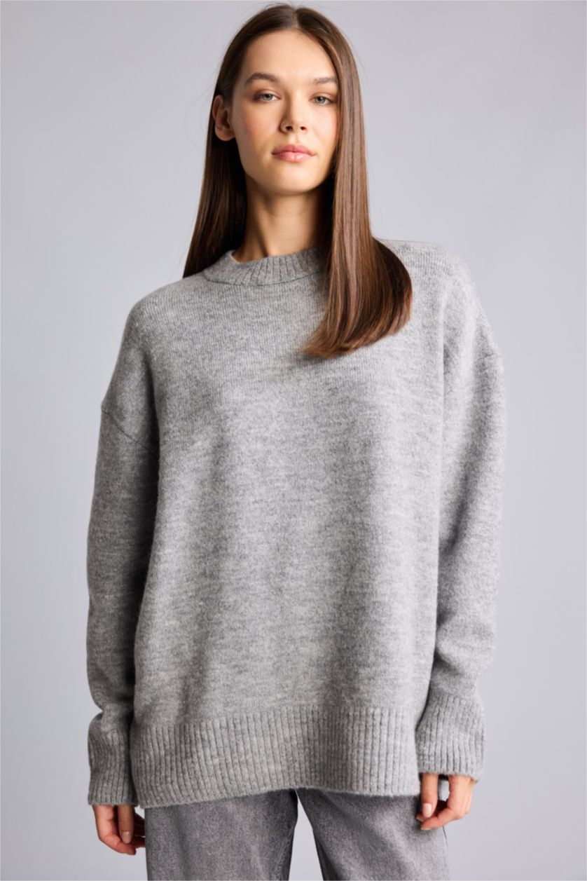 نساء ميلانج رمادي Oversize Crew Neck Knit Pullover