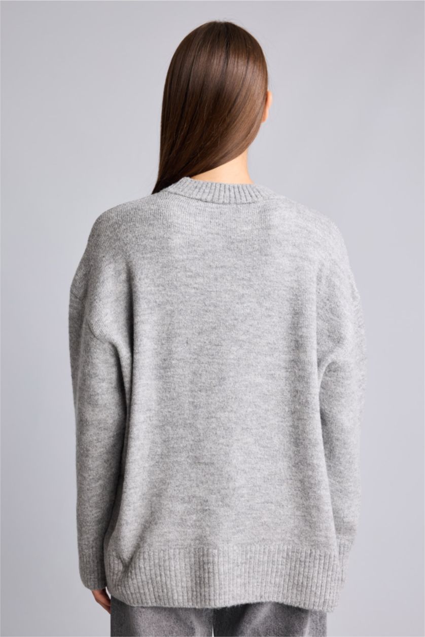 نساء ميلانج رمادي Oversize Crew Neck Knit Pullover