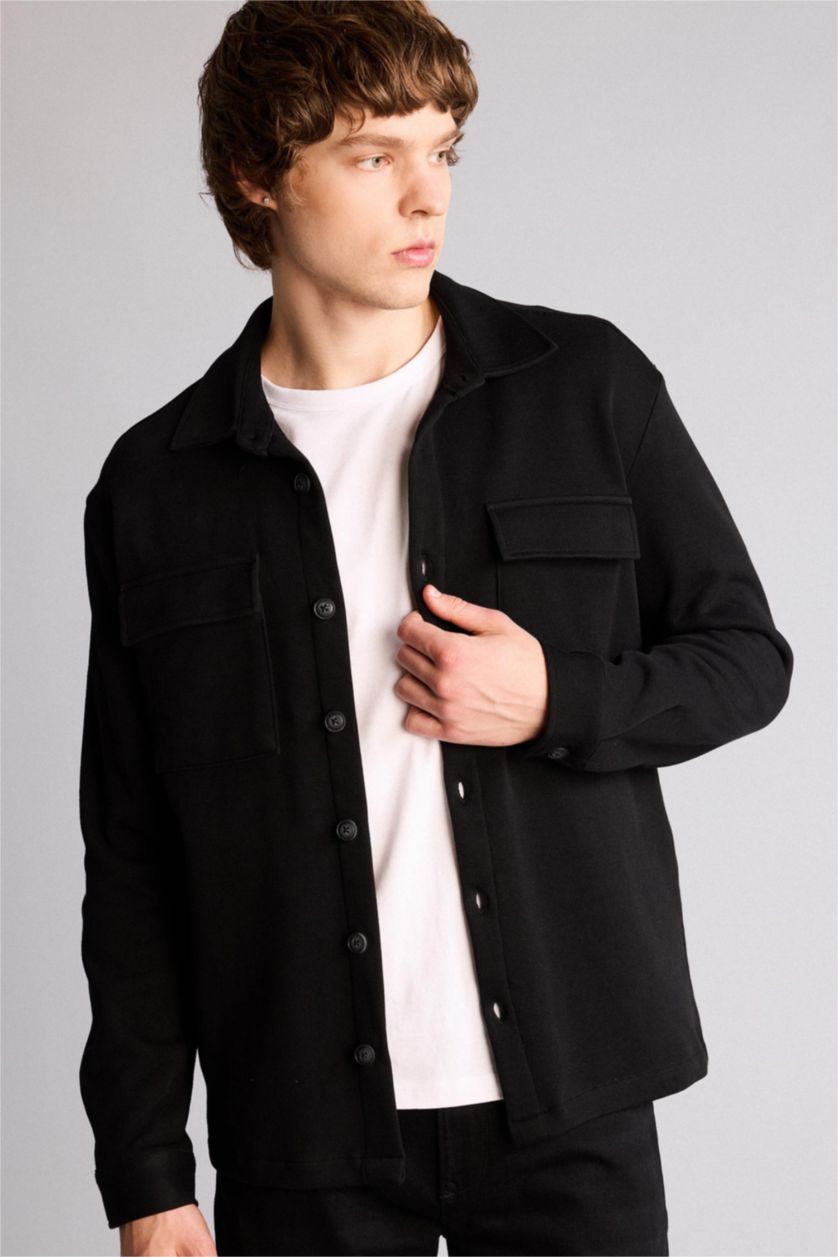 Man Black Regular Fit Long Sleeve Overshirt