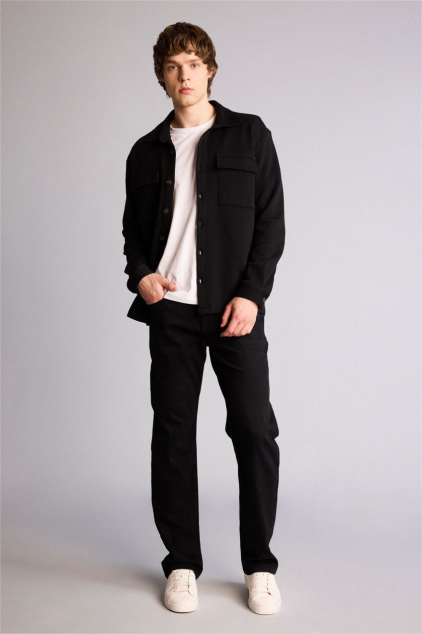 Man Black Regular Fit Long Sleeve Overshirt