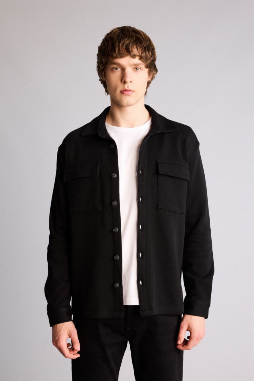 Man Black Regular Fit Long Sleeve Overshirt