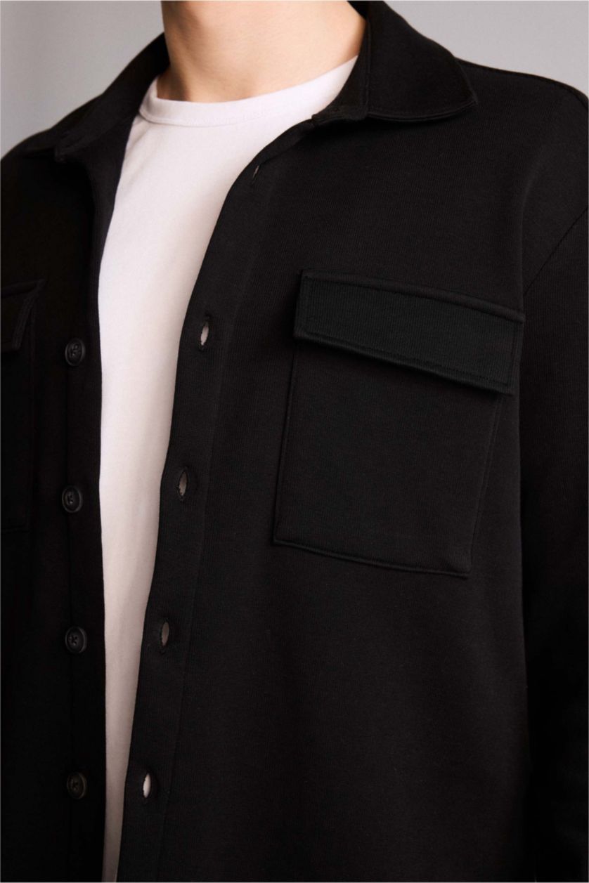 Man Black Regular Fit Long Sleeve Overshirt