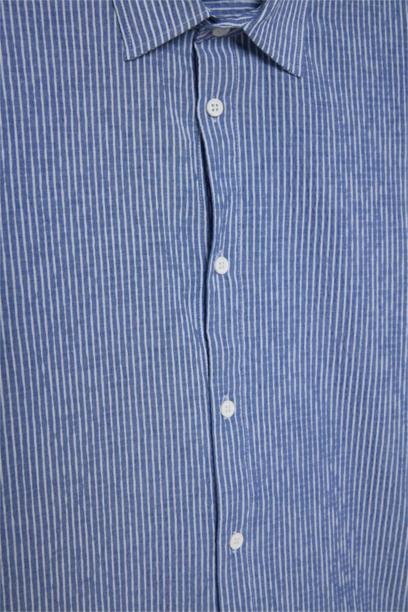 Erkek İndigo Boxy Fıt Gömlek Yaka Krinkıl Uzun Kollu Gömlek