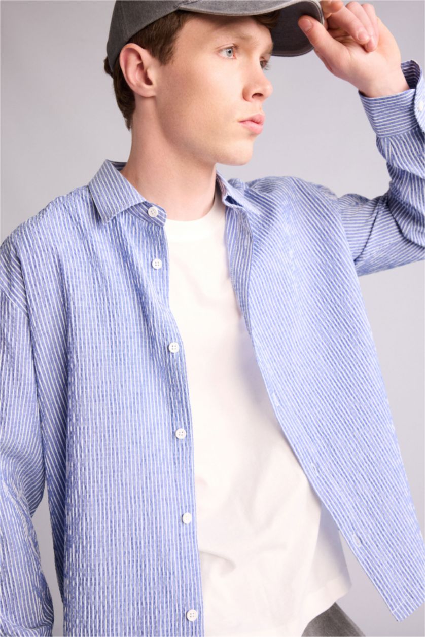 رجالي نيلي قميص كم طويل بوكسي فيت كرنكيل