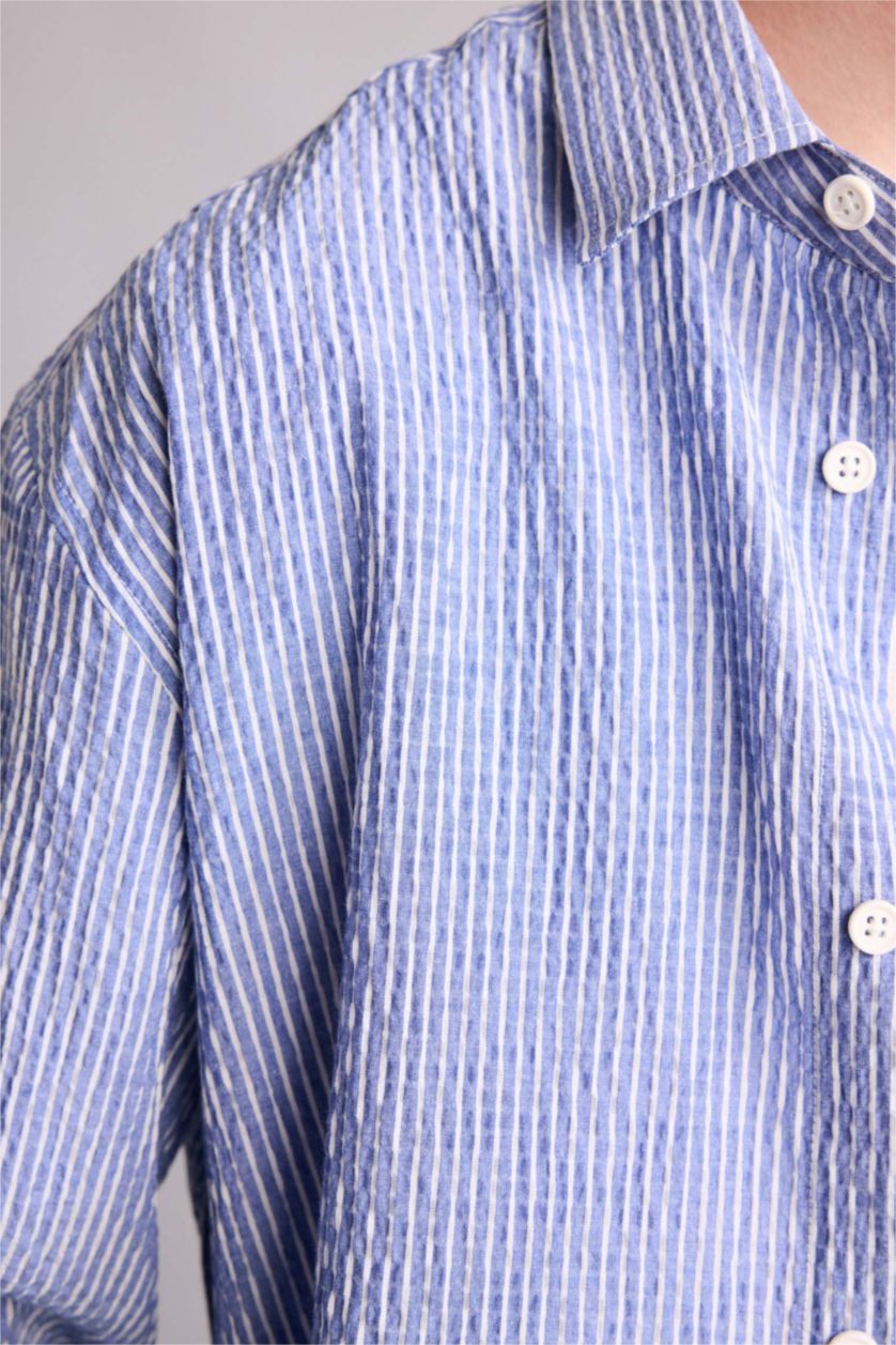 رجالي نيلي قميص كم طويل بوكسي فيت كرنكيل