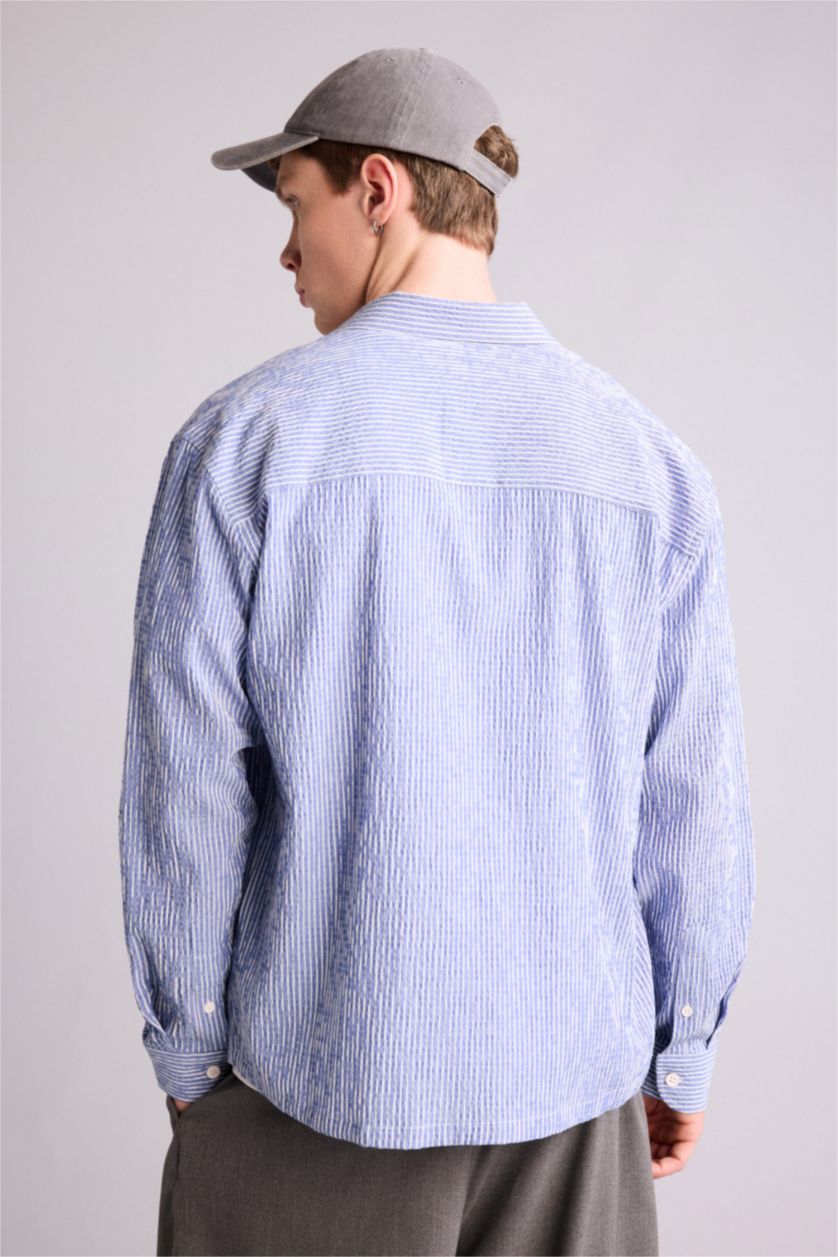 رجالي نيلي قميص كم طويل بوكسي فيت كرنكيل