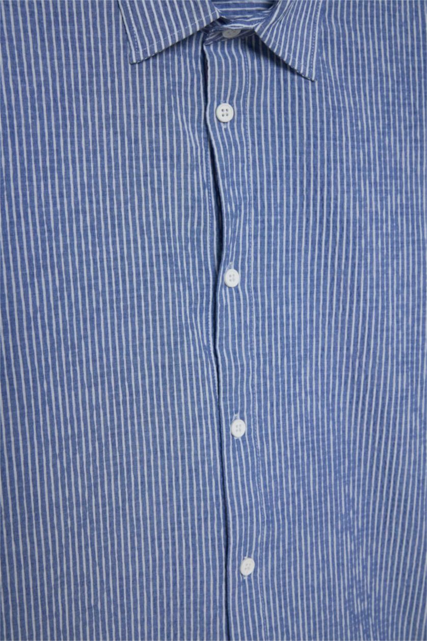 رجالي نيلي قميص كم طويل بوكسي فيت كرنكيل