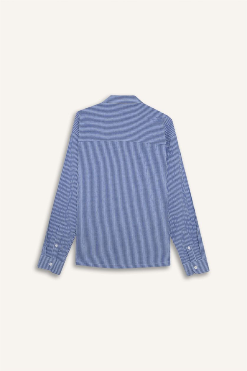 رجالي نيلي قميص كم طويل بوكسي فيت كرنكيل