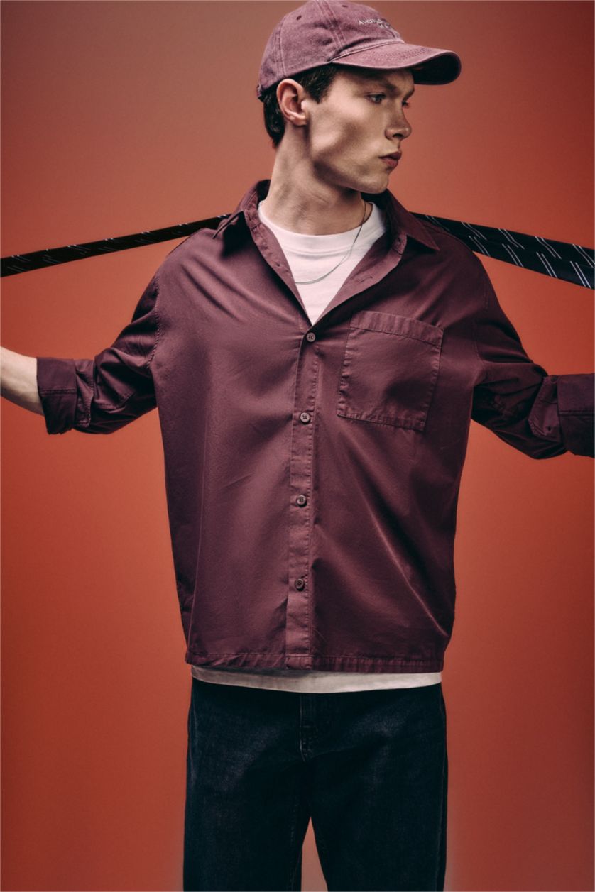 Erkek Açık Bordo Boxy Fıt Baskılı Poplin Gömlek