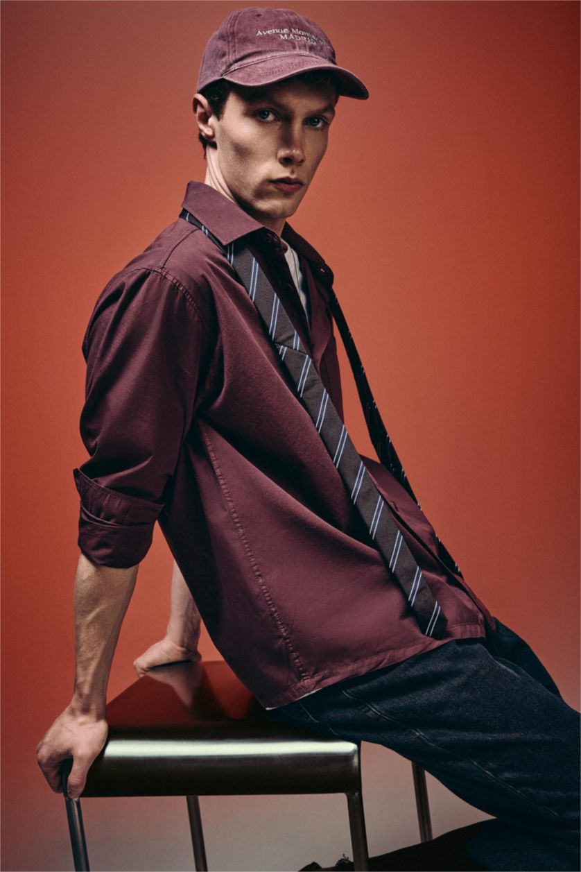 Erkek Açık Bordo Boxy Fıt Baskılı Poplin Gömlek