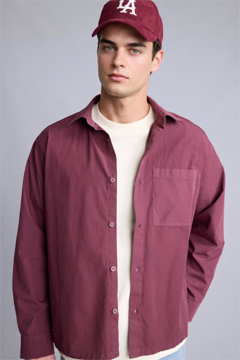 رجالي خمري فاتح Boxy Fit Poplin Long Sleeve Shirt