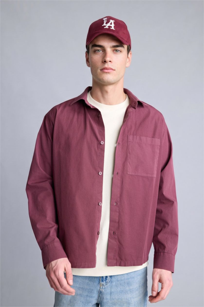 رجالي خمري فاتح Boxy Fit Poplin Long Sleeve Shirt