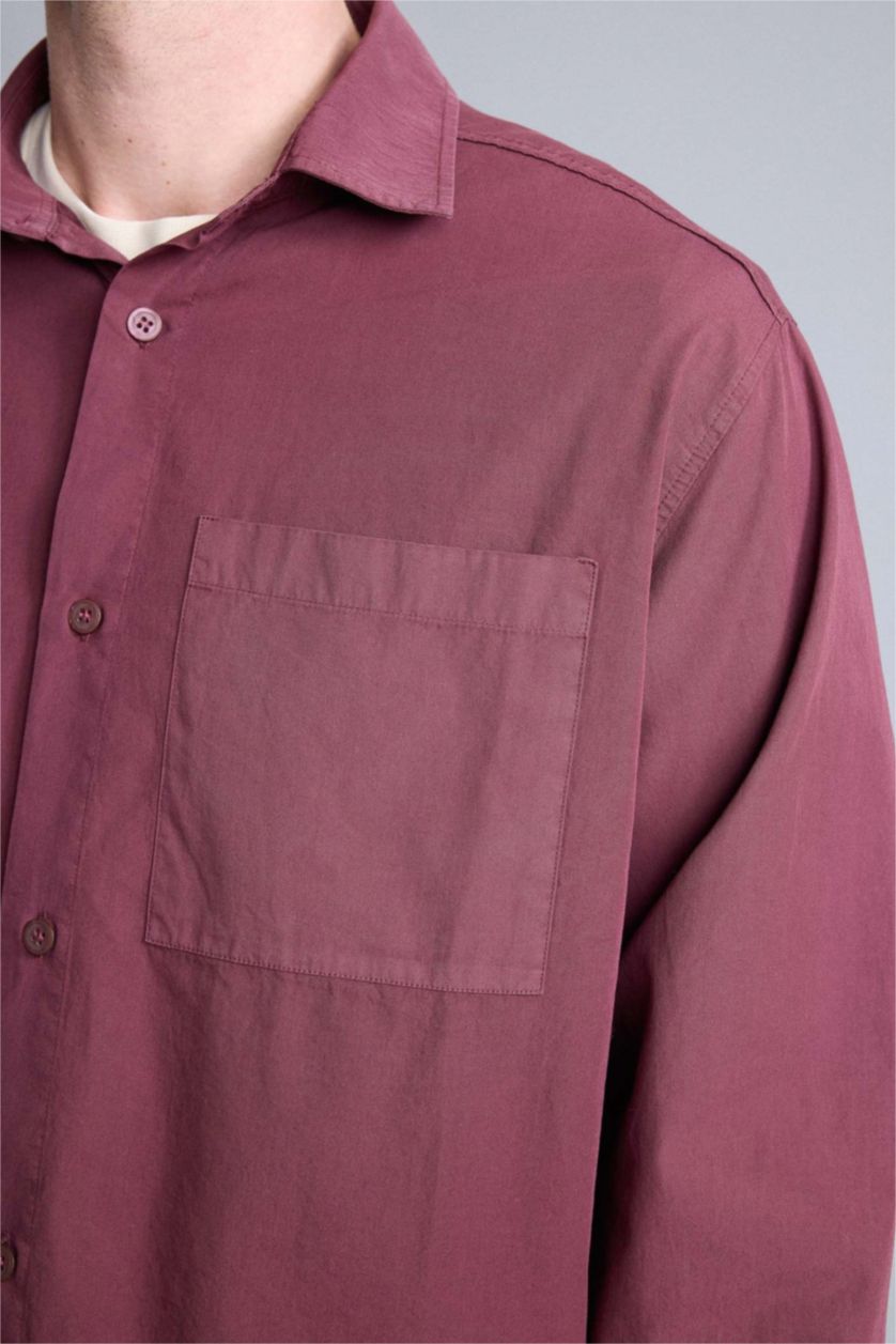 رجالي خمري فاتح Boxy Fit Poplin Long Sleeve Shirt