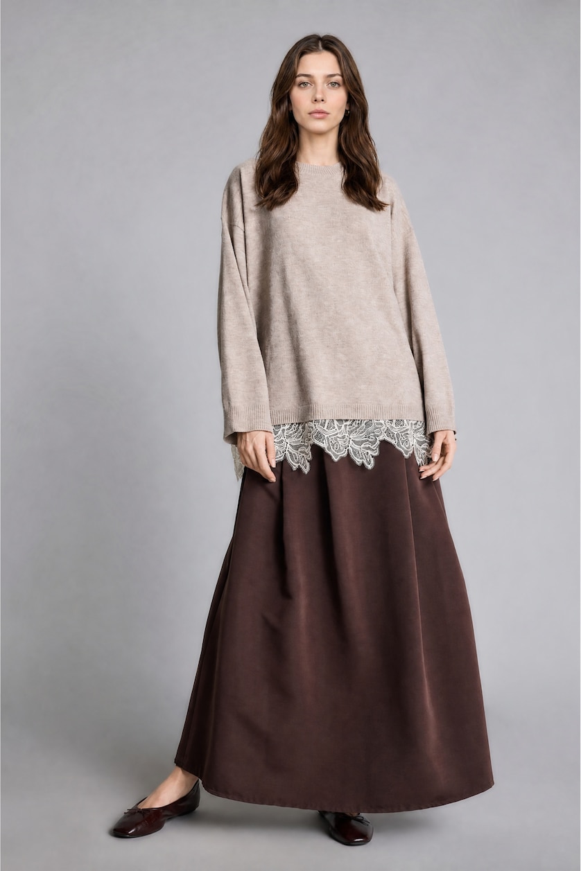 نساء بيج Relaxed Fit Knitted Crew Neck Sweater