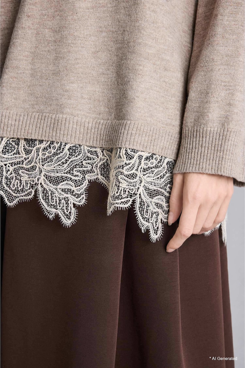 نساء بيج Relaxed Fit Crew Neck Knit Pullover