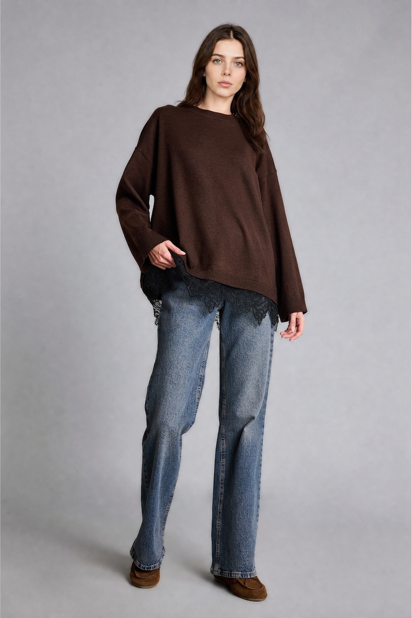 FEMME Marron Pull en maille à col rond Coupe décontractée