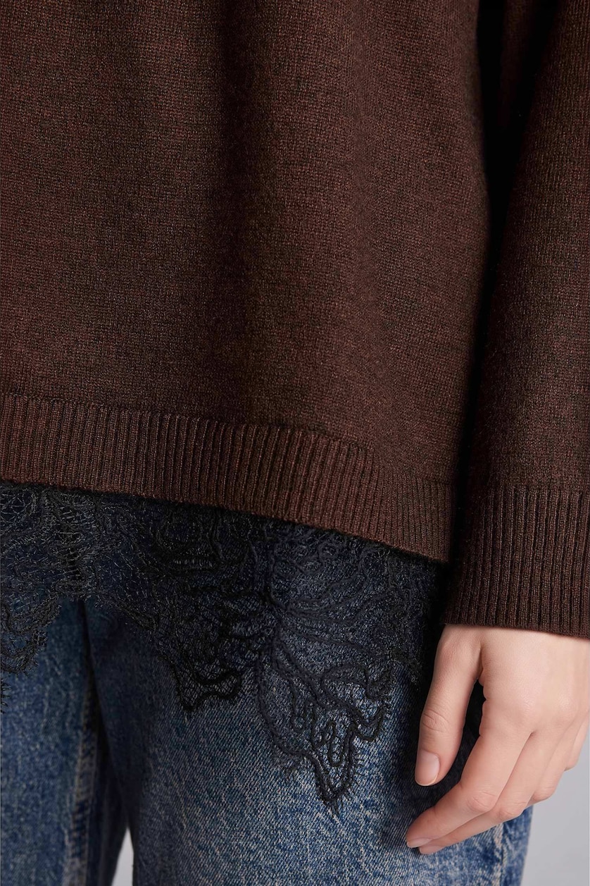 FEMME Marron Pull en maille à col rond Coupe décontractée