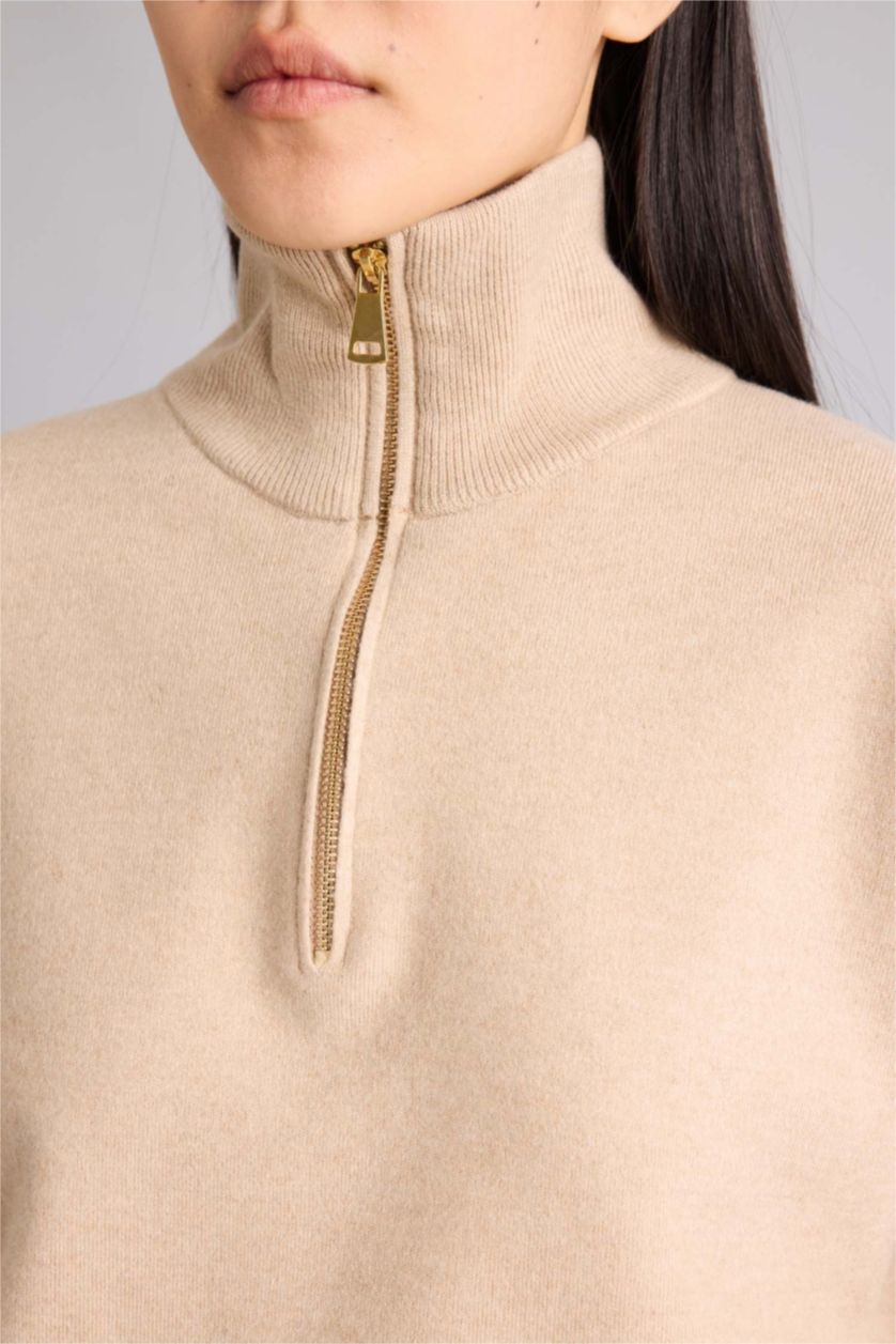 Woman Beige Oversize Fit Polo Collar Pullover