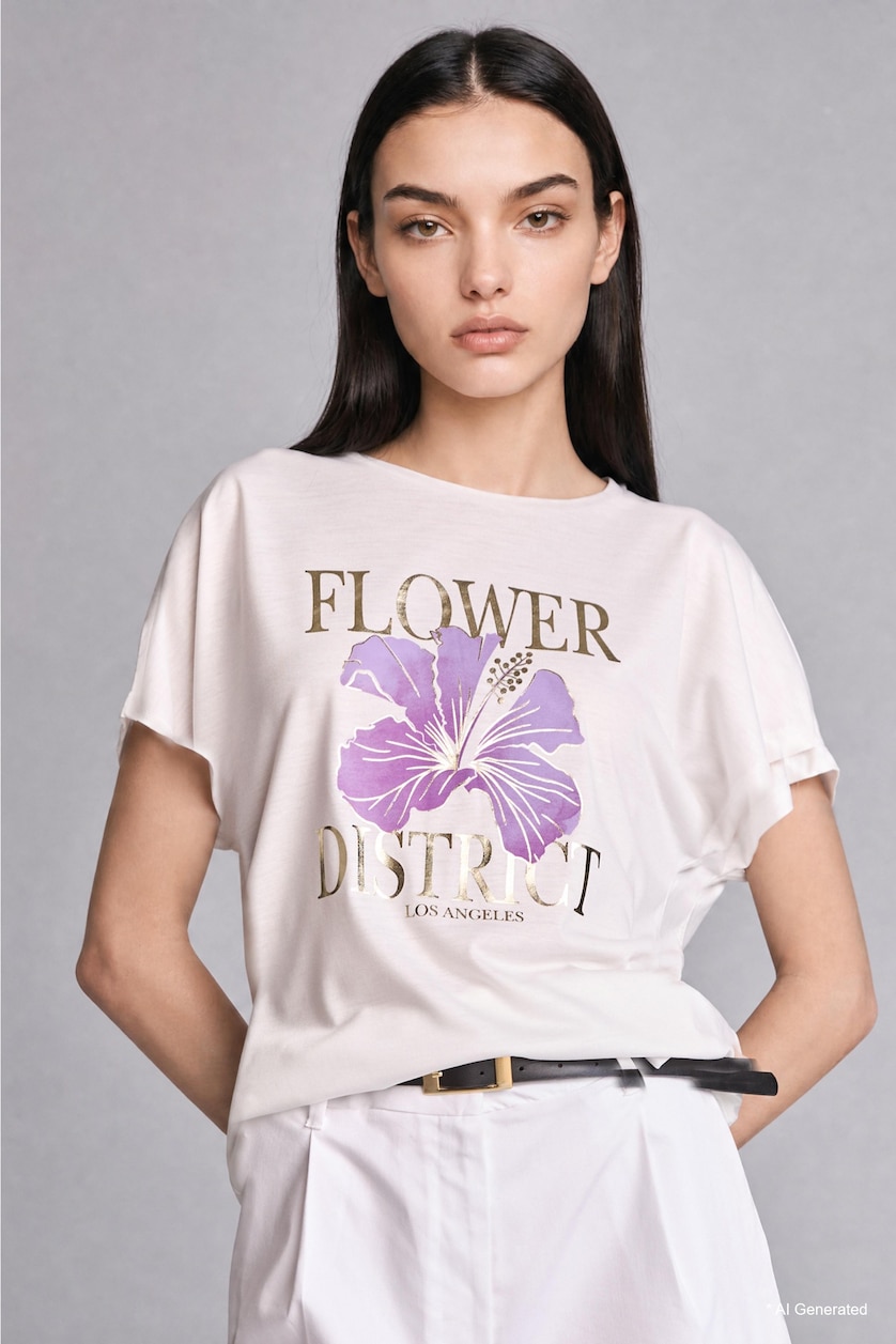Women Ecru Crew Neck Floral Short Sleeve T-Shirt