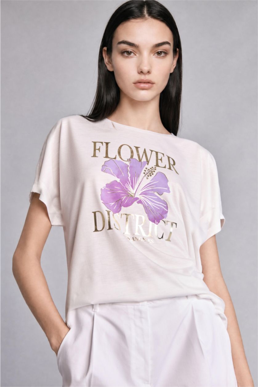 Women Ecru Crew Neck Floral Short Sleeve T-Shirt