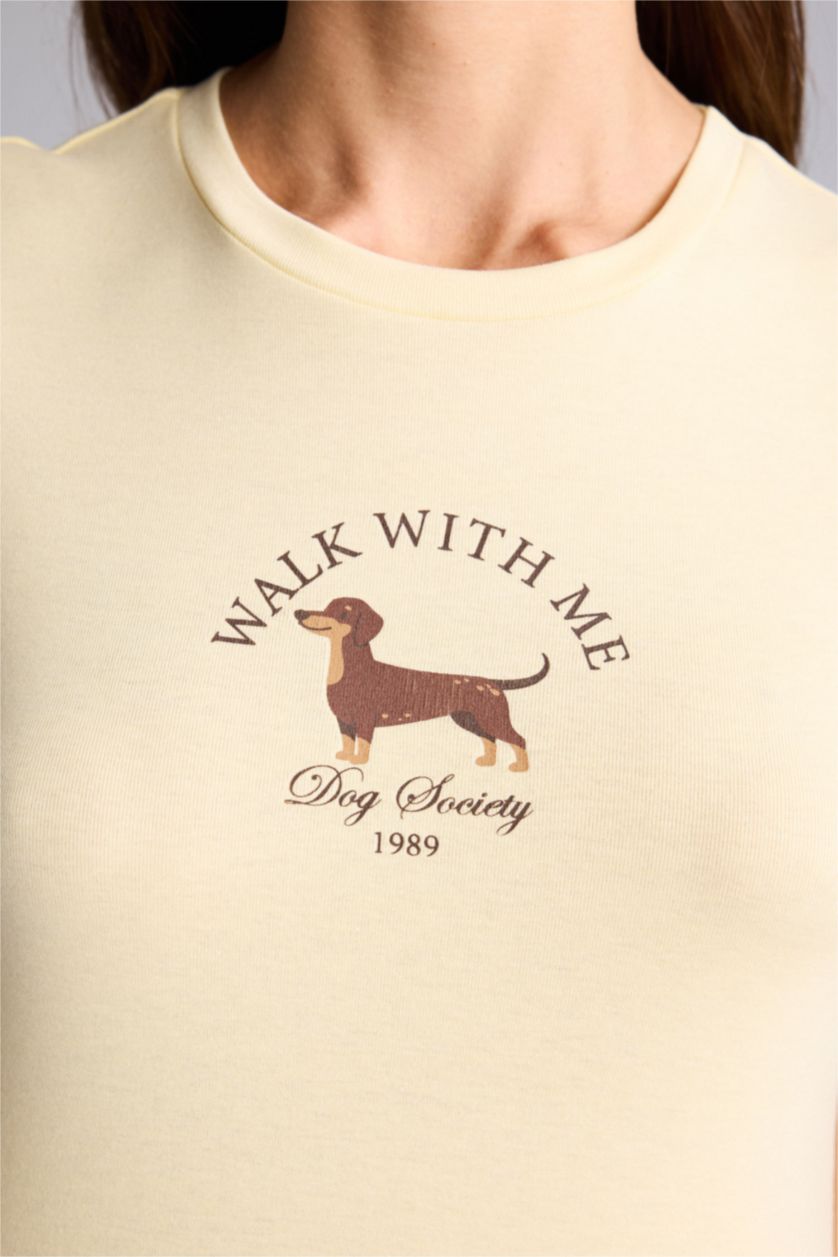 Женщины Светло-желтый Футболка Regular Fit в рубчик с круглым вырезом принтом-слоганом и коротким рукавом