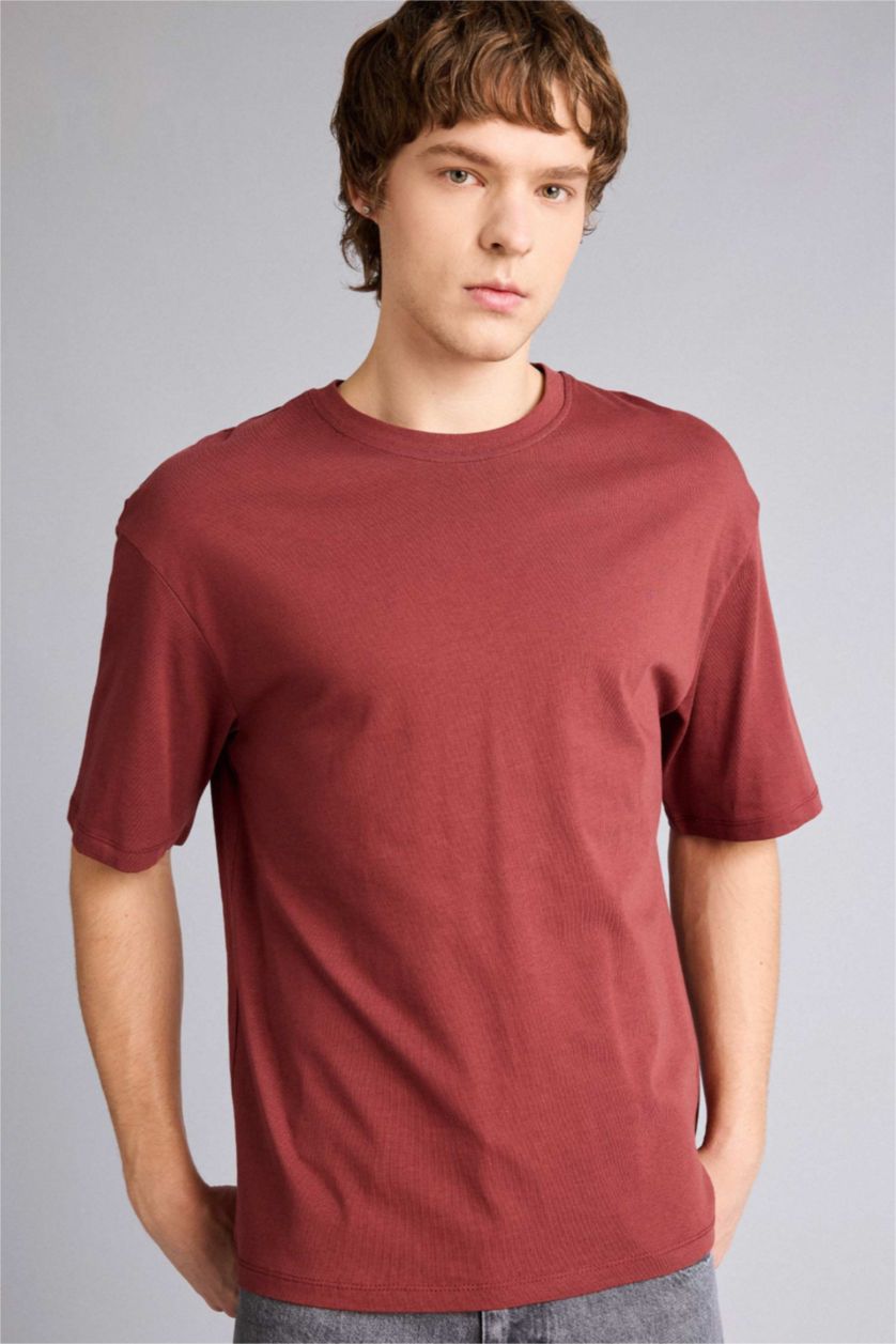 Erkek Bordo Boxy Fıt Baskılı Tişört