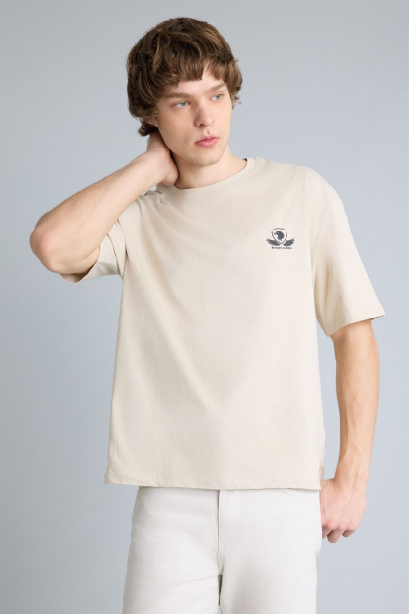 Erkek Bej Boxy Fıt Baskılı Kısa Kollu Tişört