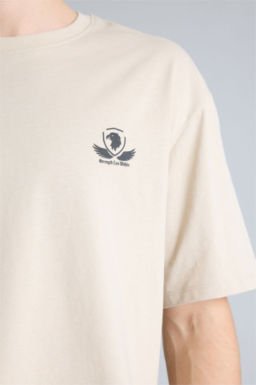 Erkek Bej Boxy Fıt Baskılı Kısa Kollu Tişört