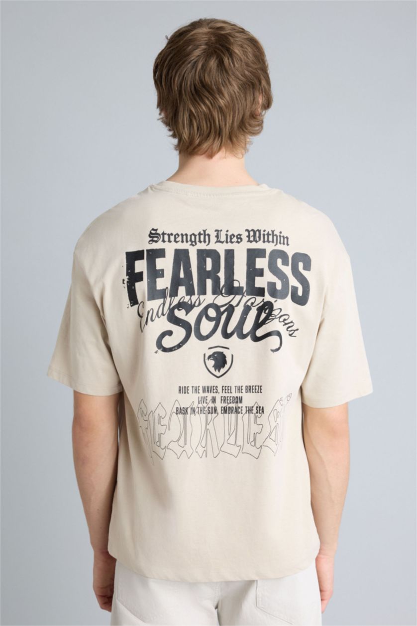 Erkek Bej Boxy Fıt Baskılı Kısa Kollu Tişört