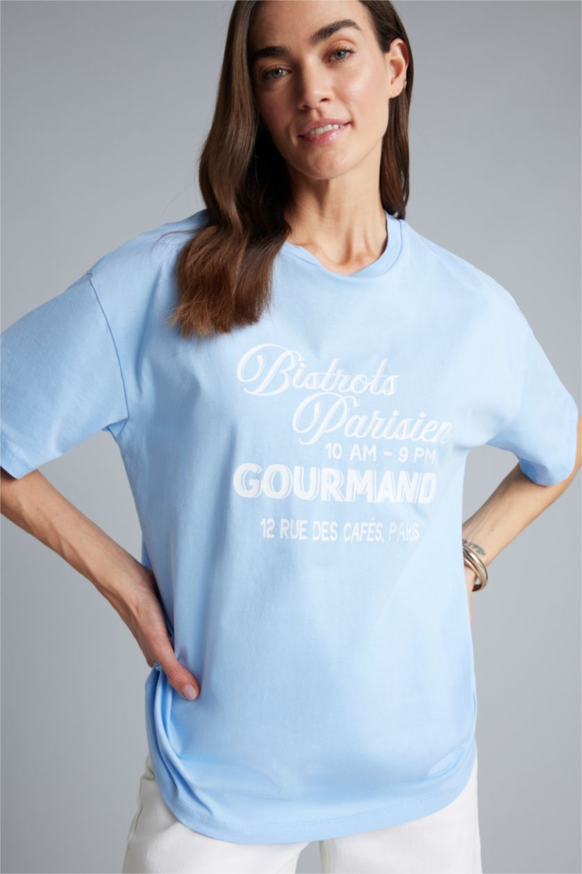 Kadın Açık Mavi Oversıze Baskılı Tişört