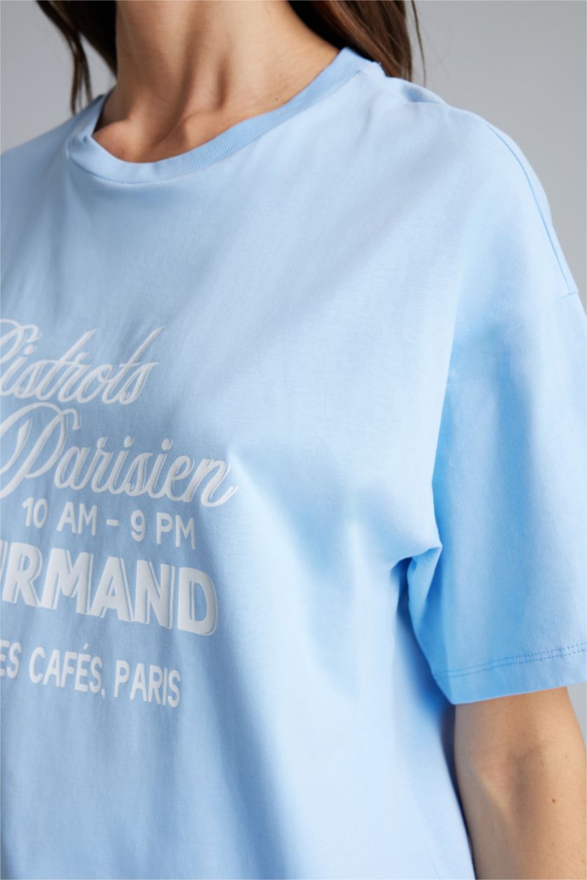 Kadın Açık Mavi Oversıze Baskılı Tişört